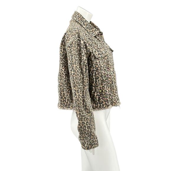 Free People Jacket Womens Small Brown Cheetah Print Denim Oversized Frayed Hem - Picture 4 of 10